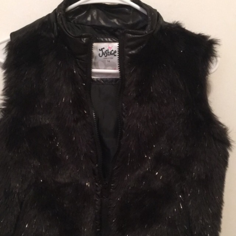 Justice black sparkle fur vest